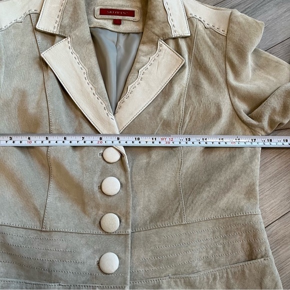 SKOTTS Washable Suede & Leather Trim Western Blazer – Taupe/Cream – Size S - Picture 16 of 17